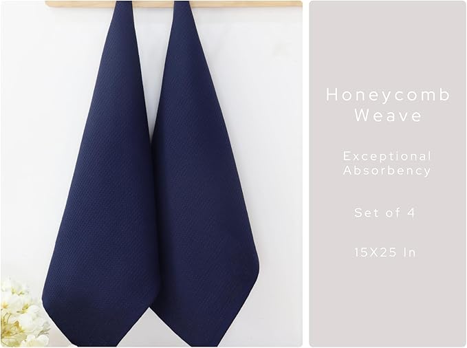 PurpleEssences Waffle Weave Kitchen Towel, 100% Cotton - 15 x 25 Inches, with Hanging Loop Ultra Soft Absorbent Quick Drying Dish Cloth, Tea and Hand Towels, 4 Pack Fall Thanksgiving - Navy Blue