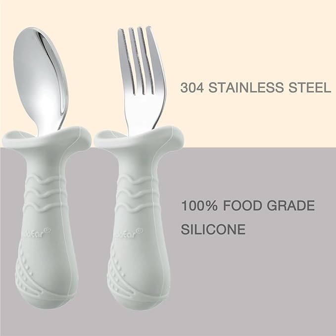PandaEar Baby Toddler Fork and Spoon Utensil Set, 6 Pack Silicone Stainless Steel Silverware Spoon Fork for Babies Toddler, BPA Free with Silicone Holding Anti-Choke Design (Light Tan&Walnut&Grey)