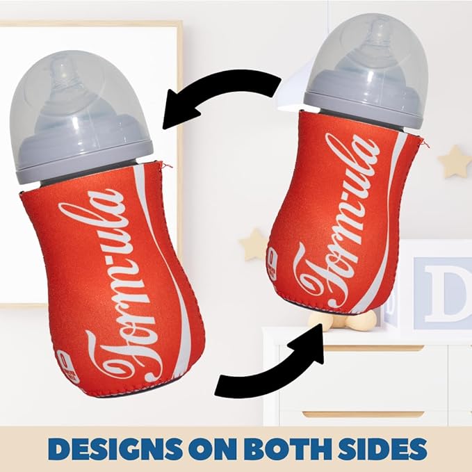 Soft Drink Themed Coozies for Baby Bottles - Funny Gift for New Parents & Baby Showers - (2 Premium Designed Neoprene Coozies + BPA/Lead/Phthalate Free Bottle Included)