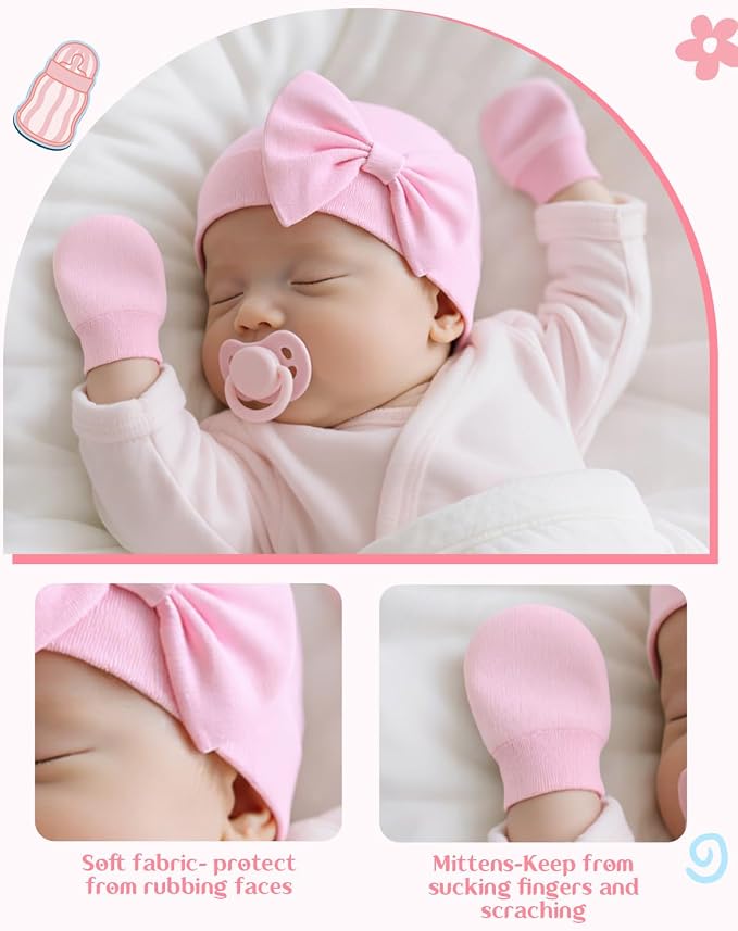 Newborn Baby Girl Hats and Mittens Set, Hospital Hat, Bow Beanie Infant Gift - Image 3