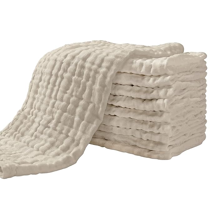 Yoofoss Muslin Burp Cloths for Baby 10 Pack 100% Organic Cotton Baby Washcloths for Boys Girls Large 20''X10'' Super Soft and Absorbent Apricot White