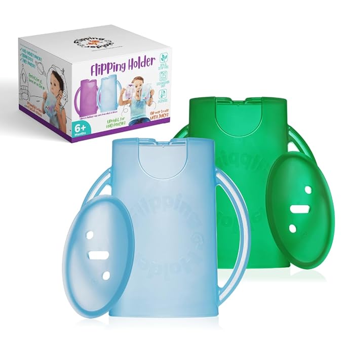 Flipping Holder Squeeze Proof Food Pouch Holder for Toddlers, Babies, Kids, Mess Free No Squeeze Juice Box Drink and Applesauce Snack Holder with Easy Grip Handles and Lid