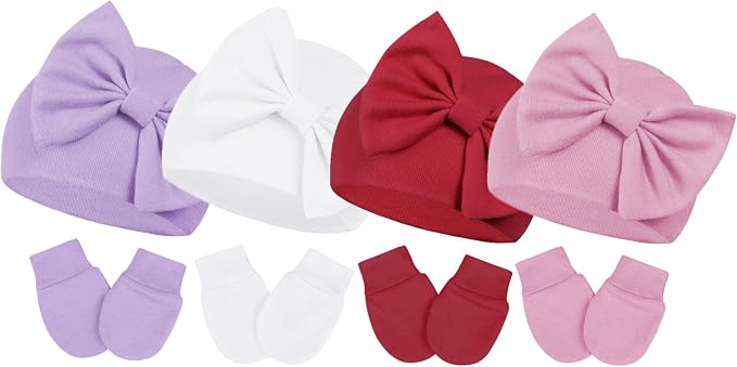 Newborn Baby Girl Hats and Mittens Set, Hospital Hat, Bow Beanie Infant Gift by CenturyStar