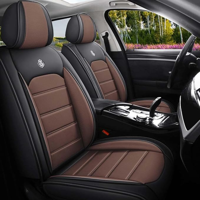 Leather Seat Cover for Ford Edge 2010-2026,Waterproof Soft Seat Covers,Interior Accessories Seat Covers Cushion Vehicle Protector Airbag Compatible(Black&Coffee,Full Set)
