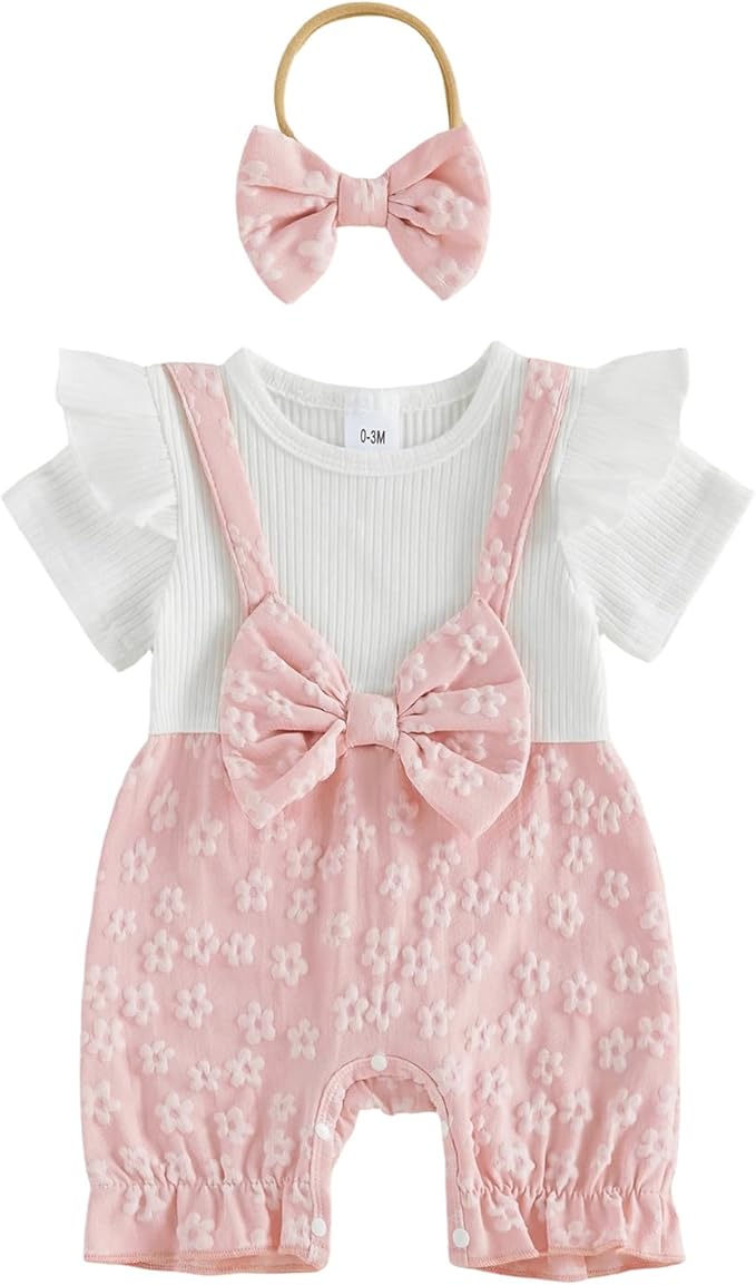 YINGISFITM Newborn Baby Girl Summer Clothes Short Sleeve Bubble Romper Bow by YINGISFITM