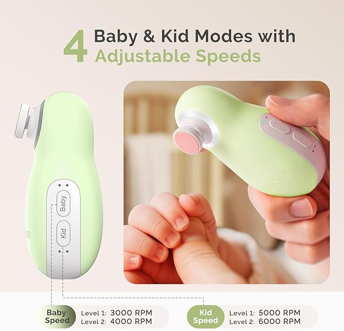MelodySusie Baby Nail Trimmer Electric, Magnetic Rechargeable Baby Nail File with Night Light, PC20F Baby Nail Clippers Set with 6 Gentle Pads for Newborns, Infants & Toddlers, Green