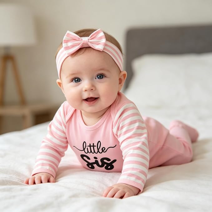 AMAWMW Newborn Baby Girl Little Sister Sleeper Gown Stripe Long Sleeve - Image 4