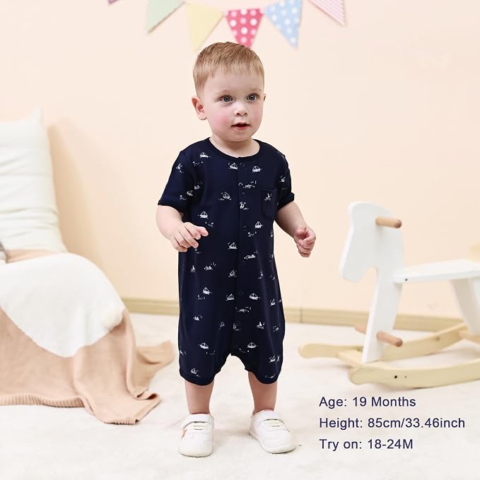 3-Pack 100% Cotton Baby Boy Rompers, 0-24Months Short Sleeve Toddler Romper - Image 6