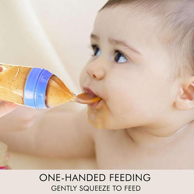 Matyz Silicone Baby Food Dispensing Spoon (Blue, 4oz / 120ml) Squeeze Feeder with Spoon - Spoon Bottle for Baby - Baby Spoon Feeder Bottle Baby Solid Food Feeder - Ideal for 4 Months+ Babies