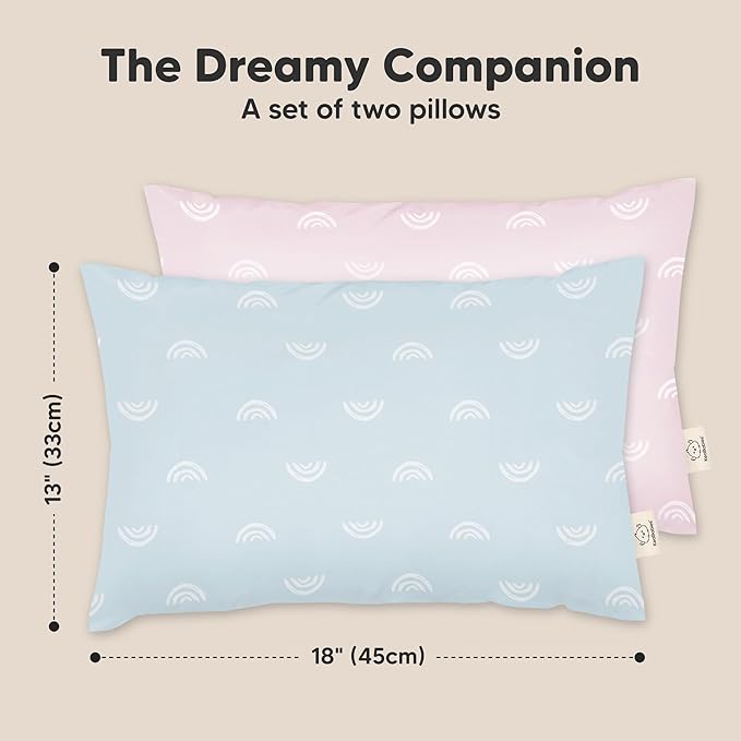 KeaBabies 2-Pack Toddler Pillow 13x18 - Soft Organic Cotton Kids Travel Bed Pillows for Sleeping, School, Nap, Machine Washable, Toddlers 2 to 5, Pillowcase Sold Separately (Pastel Rainbow)
