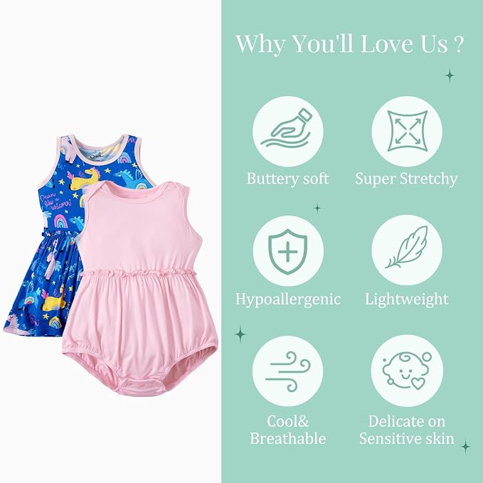 PATPAT Baby Girl Bamboo Viscose 2-Pack Romper & Dress | Color-Coded Snaps - Image 3