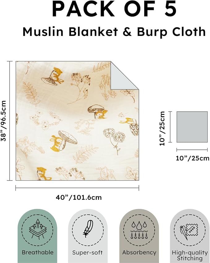 5 Pack Muslin Swaddle Blankets & Baby Burp Cloths, Soft & Breathable Cotton - Image 3