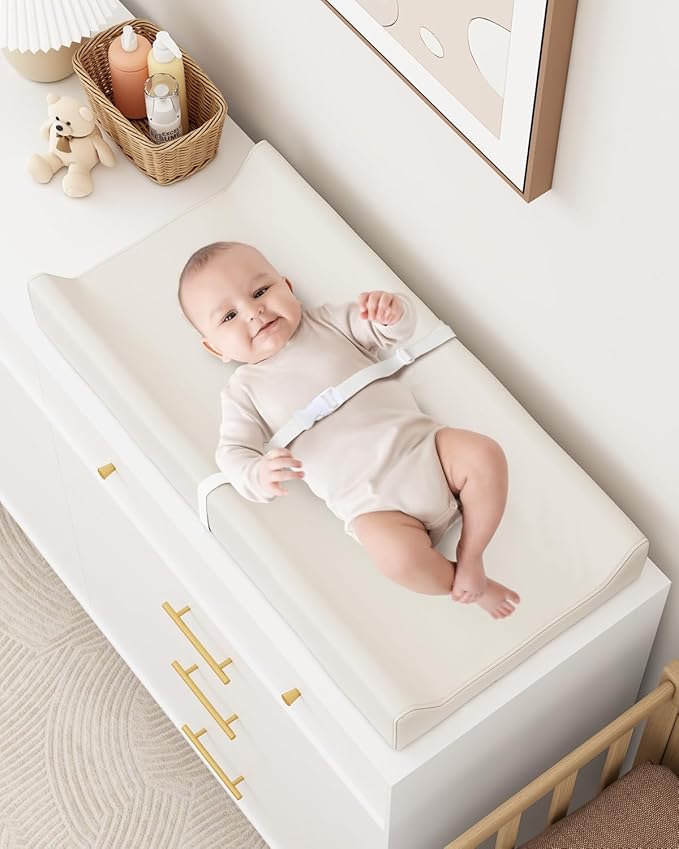 Wipeable Baby Changing Pad for Dresser and Table, Cozy Diaper Changing Pad with Waterproof & Wipe-Clean Leather Cover, Off-White