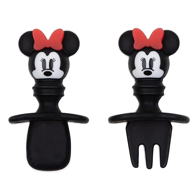 Bumkins Disney Baby Utensils Set, Chewtensils Silicone Spoons for Dipping, Self-Feeding, Baby Led Weaning, Trainer Learning, First Stage Eating, Soft Fork and Spoon, Babies 6 Months, Minnie Mouse