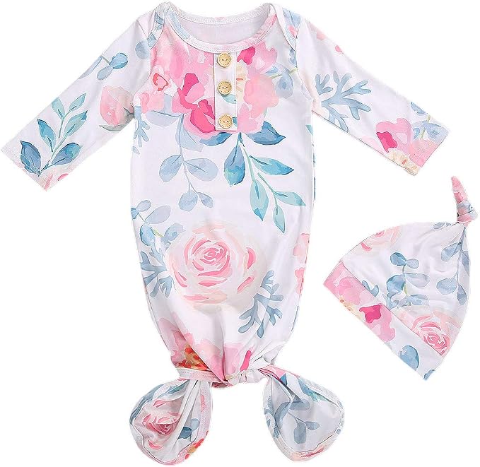 Newborn Baby Girl Floral Sleep Gown Headband Sleepwear Outfit by Merqwadd
