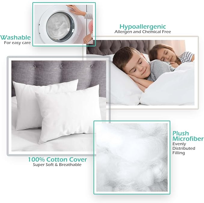 Nestl 2 Pack Toddler Pillow for Sleeping 13 x 18, Small Kids Pillow for Travel, Car, School, Nap, & Toddler Bed, Machine Washable Soft Cotton Child 2 Year Old and Up - White