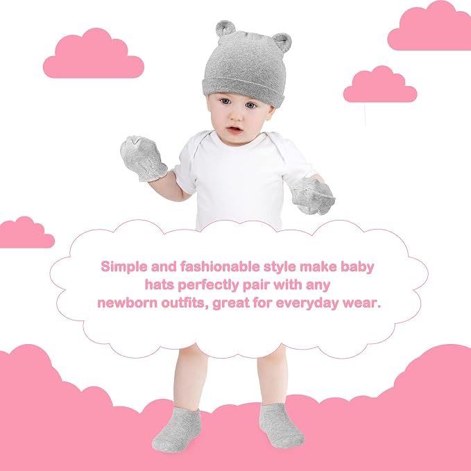 Syhood 4 Sets Baby Hat Mittens Socks Bear Ear - Image 4