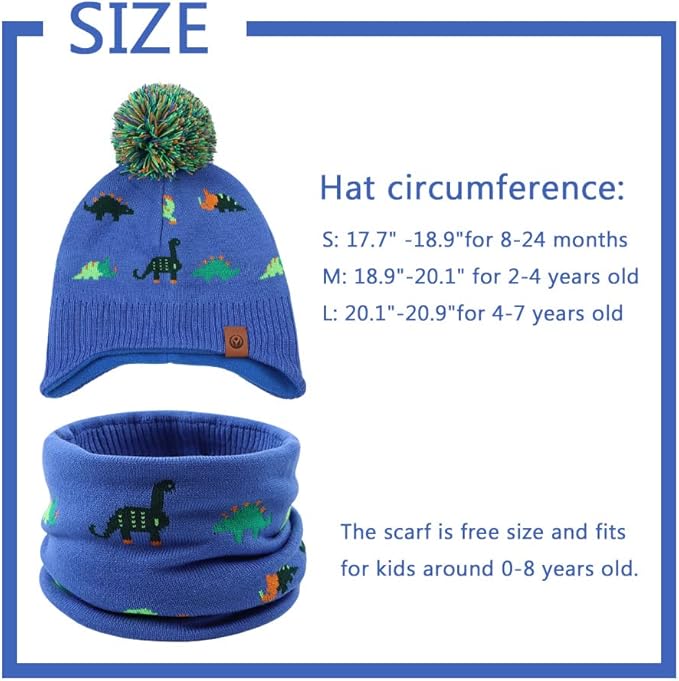 JANGANNSA Knitted Baby Hat Scarf Set Winter Warm Boys Girls Beanie Fleece Lining Toddler Kids Hats with Pompom