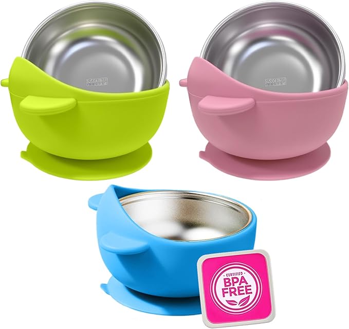 Stainless Steel Baby Bowls with Suction, 2-in-1 Toddler Feeding Set SUS304 Non-Toxic | Unbreakable & Anti-Scald | Super Strong Suction Base | Dishwasher Safe | Perfect Baby Gift - 3Pack Cu.Ft.