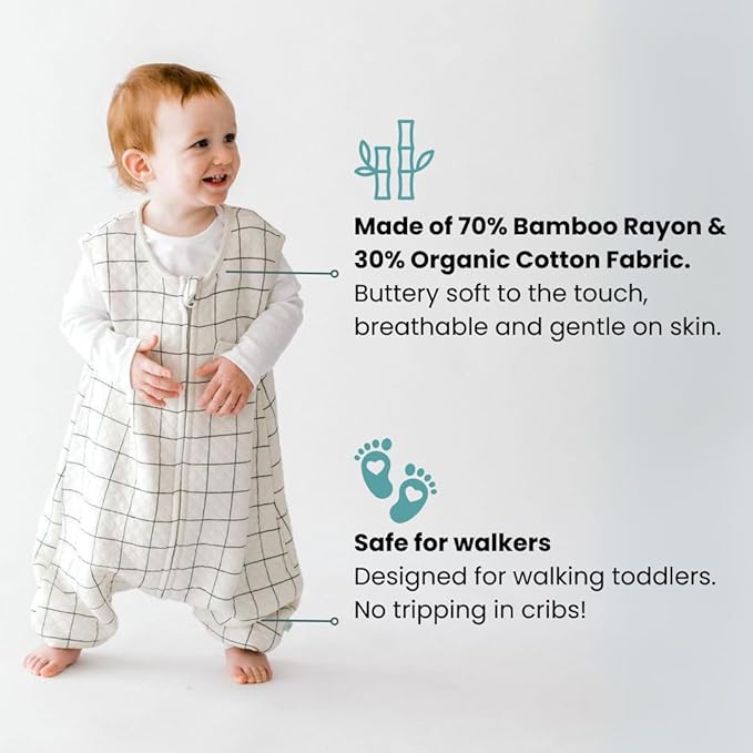 Tealbee Dreamsuit Toddler Sleep Sack with Feet – Walker Sleep Bag with Legs, Rayon made from Bamboo, Summer 0.8 TOG, 2-Way Zipper, 2T-3T - Checkered