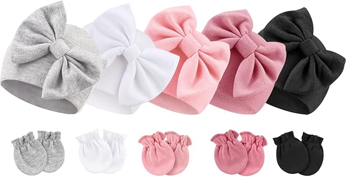BQUBO Newborn Baby Girls Hats Mittens Set Hospital Hat Beanie Infant Bow Hats Baby Cotton Gloves for 0-6 Months