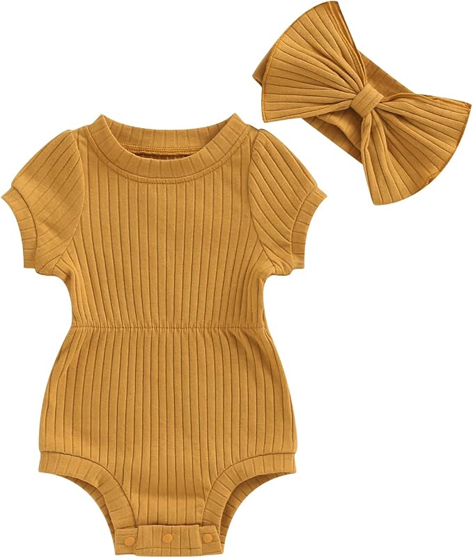 FOCUSNORM Baby Girl Summer Clothes Ribbed Short Sleeve Romper Solid Color by FOCUSNORM