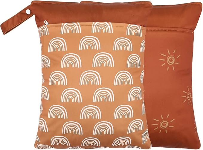 2 Pack Wet Dry Bags for Baby Cloth Diapers&Breast Pump Parts, Waterproof Reusable Wet Bag with Two Zippered Pockets & Handle, Beach Pool Gym Bag Stroller Yoga Toiletries Daycare Organizer for Swimsuit Wet Clothes, 11.8 inch x 15.7inch