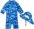 Toddler Baby Boys Swimsuit Rashguard One Piece Zipper Bathing Suit with Sun Hat Infant Swimwear Sunsuit UPF 50+