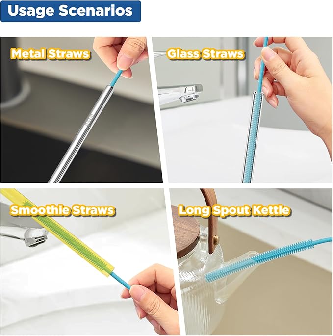 YOTIME Silicone Straw Cleaner Brush, 2Pcs Reusable Straw Brush Extra Long for Cleaning Tumbler with Handle and Glass Metal Smoothie Straws, Non-slip Handle Soft and Bendable, 6mm+9mm, Blue
