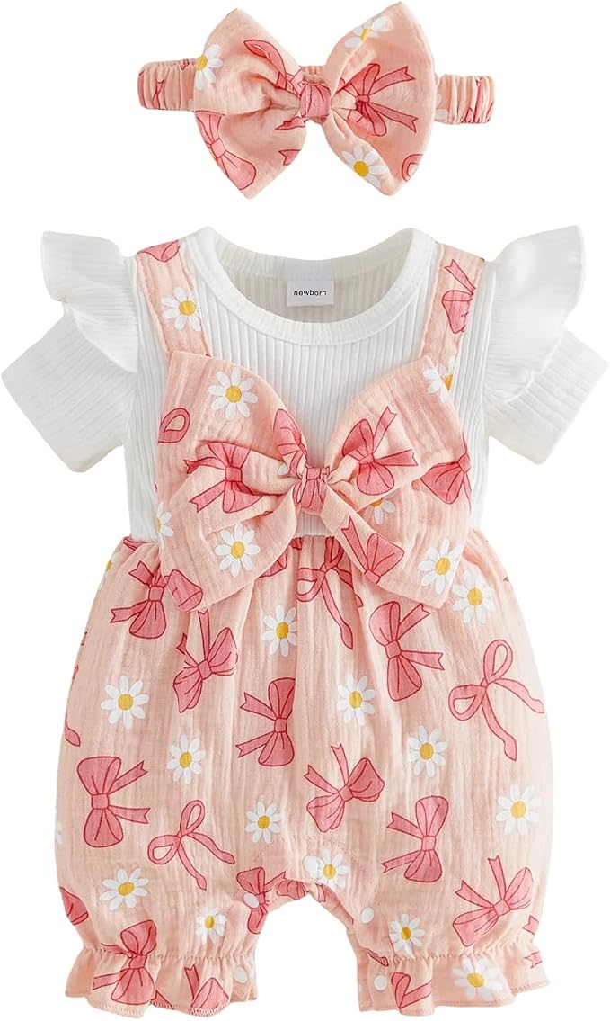 YINGISFITM Newborn Baby Girl Summer Clothes Short Sleeve Bubble Romper Bow by YINGISFITM