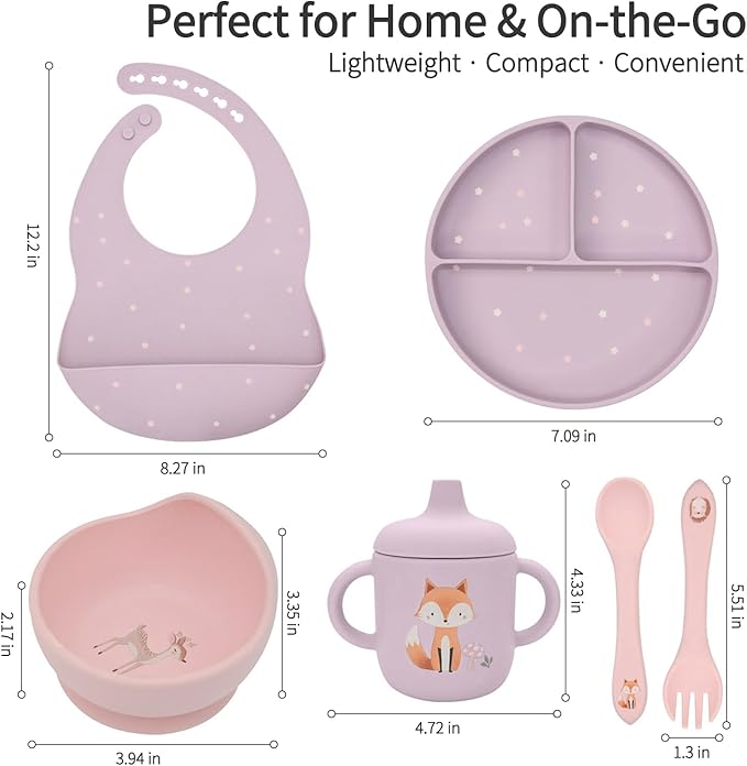 Little Rawr Baby Led Weaning Bundle, 100% Silicone Baby Feeding Set Includes Divided Plate, Suction Bowl, Straw Cup, Bib, Spoon & Fork, Develops Self Feeding Skills, Dishwasher Safe (Purple)