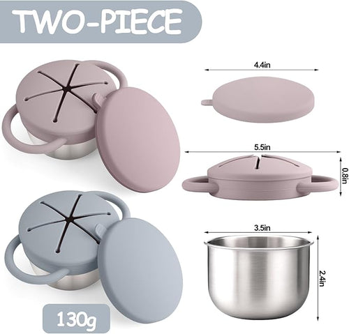 2-Pack Stainless Steel Snack Containers for Kids with Spill-Proof Silicone Lids & Handles - 3-in-1 Baby Snack Cups, No-Spill Toddler Snack Box, Perfect for On-the-Go Healthy Eating（Grey+Grey Purple）
