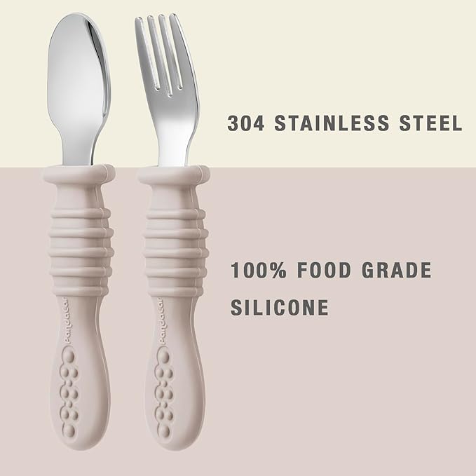 PandaEar 6 Pack Toddler Fork and Spoon Utensil Set, Baby Silicone Stainless Steel Silverware Spoon Fork for Babies Kids, BPA Free (Walnut&Linen&Brown)