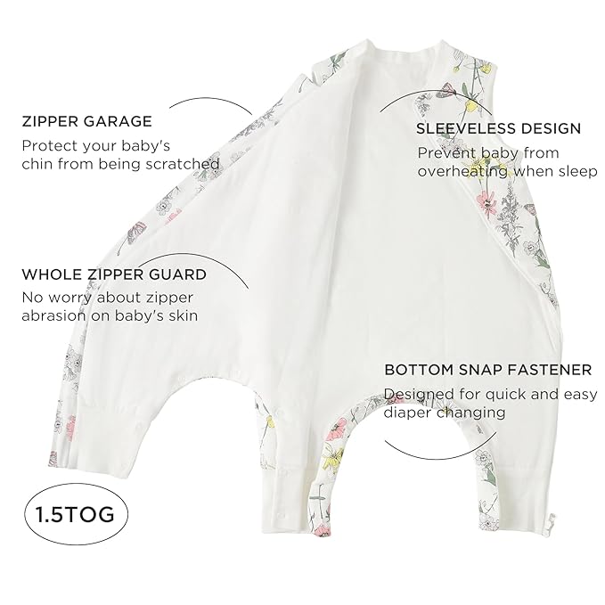 Duomiaomiao 1.5 TOG Toddler Sleep Sack 24-36 Months 102% Cotton Four Season Side Open Zipper Baby Sleep Sack with Feet, Breathable Toddler Wearable Blanket