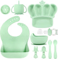 BXLL 10 Pcs Green Silicone Baby Feeding Set - Baby Led Weaning Supplies with Suction Bowl, Divided Plate, Bibs, Fruit Feeder, Pacifier, Spoons, Forks, Sippy Cup & Snack Cup