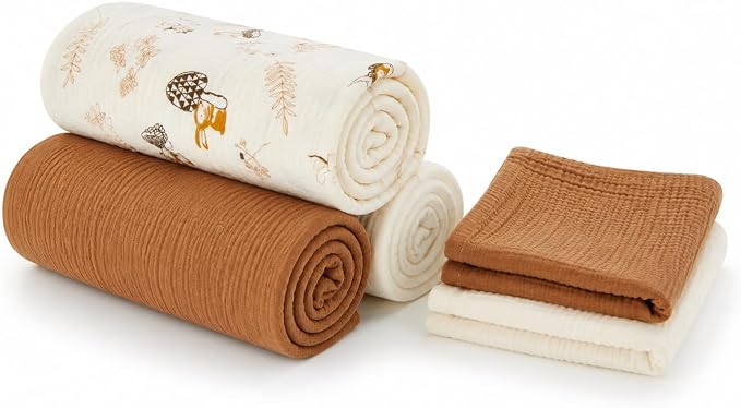 5 Pack Muslin Swaddle Blankets & Baby Burp Cloths, Soft & Breathable Cotton by RILIHO