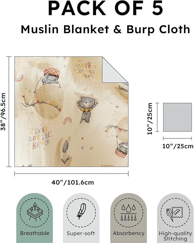 RILIHO 5 Pack Muslin Swaddle Blankets & Baby Burp Cloths, Soft & Breathable - Image 3