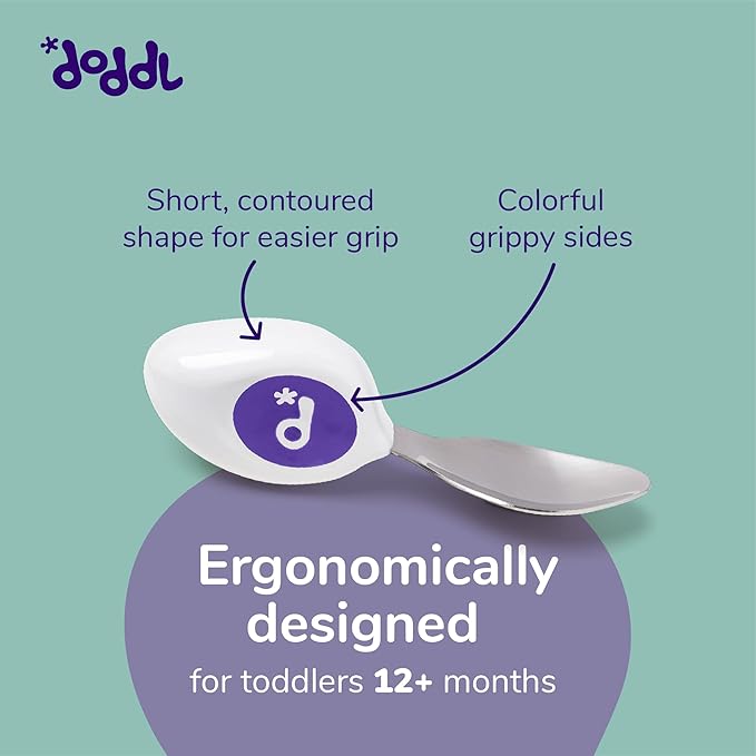 doddl Toddler Utensils, Ergonomic Fork and Spoon Set for Self Feeding, Stainless Steel Silverware for 1-3 Year Olds, BPA Free, Dishwasher Safe (Aqua (Triple Pack))