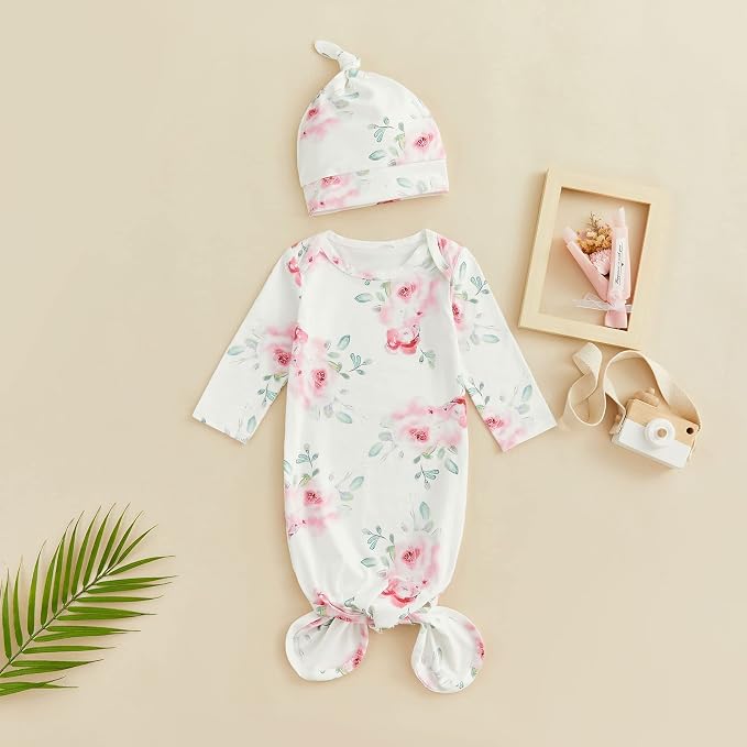 Newborn Baby Girl Floral Sleep Gown Headband Sleepwear Outfit - Image 2