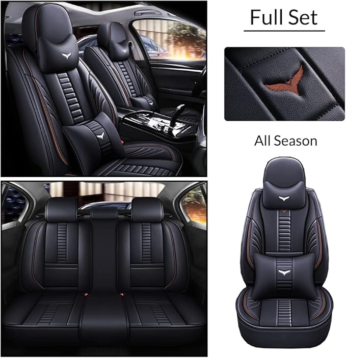 Full Set of Universal Fit Automotive Seat Covers fit for Suzuki 1999-2025 95% Models, PU Leather Automobile Interior Sets with Headrest & Back Pillow Black & Coffee Line