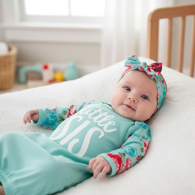 AMAWMW Newborn Baby Girl Little Sister Sleeper Gown Stripe Long Sleeve - Image 2