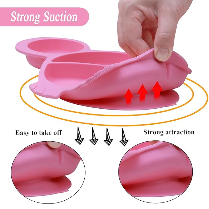 Baby Feeding Utensils Sets with Spoon and Forks 6 Pcs/Set Divided Silicone Suction Plates for Toddler Kids,Baby Feeding Dish BPA Free Microwave Dishwasher Safe-Green Pink Tortoise Sets