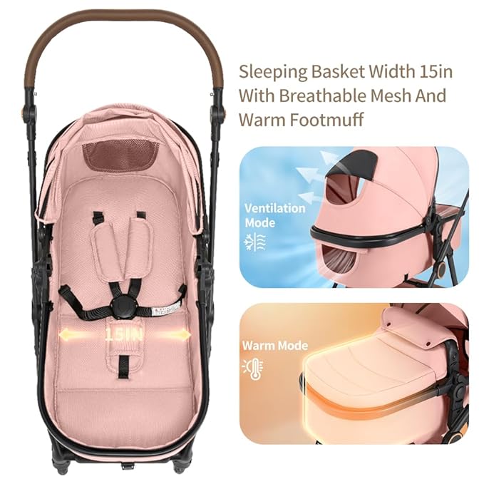 2 in 1 Baby Stroller, High Landscape Infant Stroller Pram Foldable Pushchair with Adjustable Canopy, Storage Basket,5-Point Harness,Mom Bags (Black)