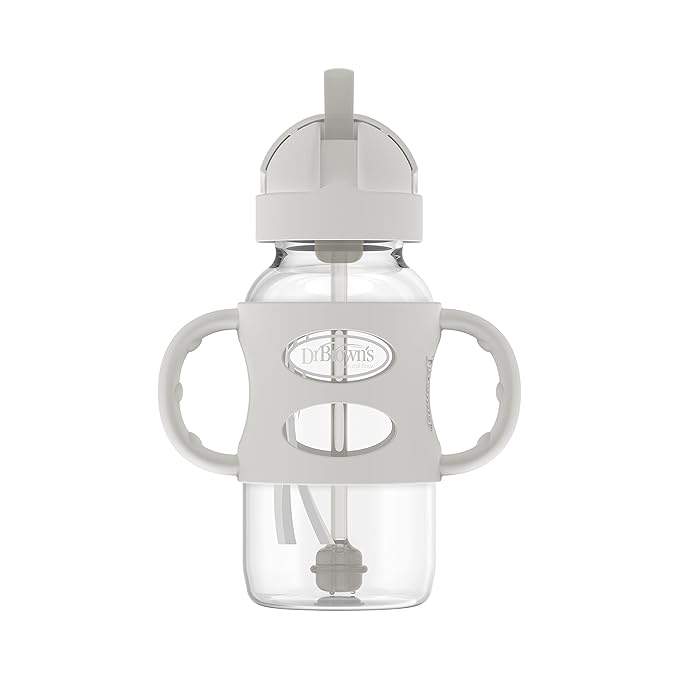 Dr. Brown's Milestones Wide-Neck Sippy Straw Bottle with 100% Silicone Handles and Weighted Straw, 9 oz/270 mL, Gray & Blue, 6m+