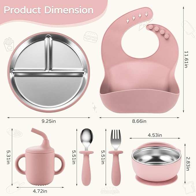 Toddler Plates and Bowls Set Stainless Steel - Bathchef Baby Feeding Set Strong Suction, BPA Free Durable Divided Plates, Safe Self Baby Feeding Utensils,Cup,Spoon,Fork,Dishwasher Safe,6pcs,Pink