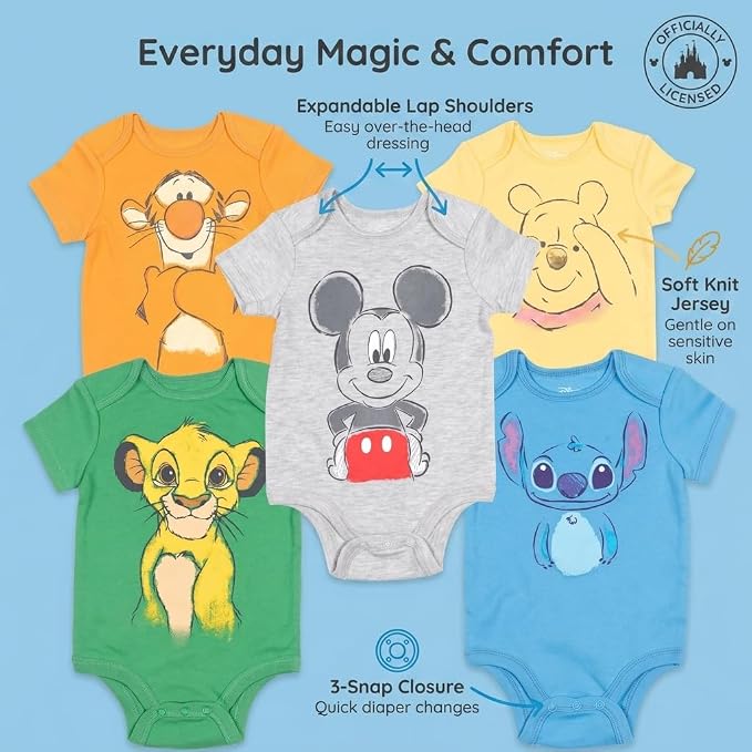 Disney Baby 5-Pack Short Sleeve Bodysuits Newborn to Infant - Image 2
