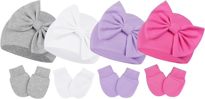 Newborn Baby Girl Hats and Mittens Set, Hospital Hat, Bow Beanie Infant Gift by CenturyStar