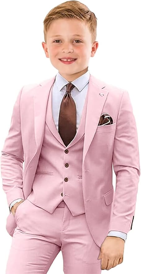 Boys Suit 4 Piece Slim Fit Kids Tuxedo Suit Formal Wedding Outfit Blazer Vest Pants Set with Tie