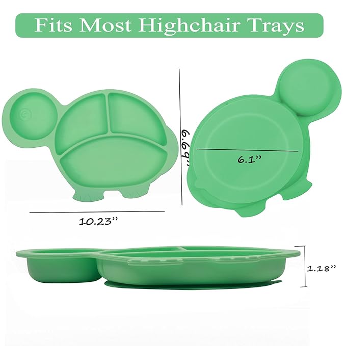 Baby Feeding Utensils Sets with Spoon and Forks 6 Pcs/Set Divided Silicone Suction Plates for Toddler Kids,Baby Feeding Dish BPA Free Microwave Dishwasher Safe-Green Pink Tortoise Sets