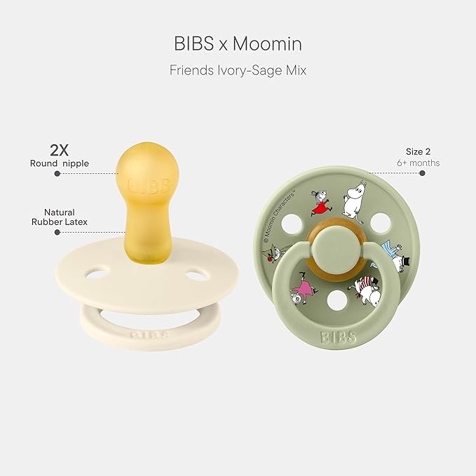 BIBS Colour Moomins Pacifier 2-Pack, BPA Free Pacifier, Round Nipple. Natural Rubber Latex, Made in Denmark, Size 2 (6-18 Months), Ivory/Sage